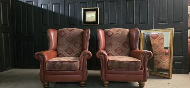 Superb Tetrad Eastwood Kilim Fabric and Leather armchairs Pair ×2 🚛🇬🇧