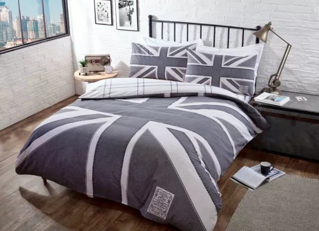 Union Jack Duvet Cover Grey Denim Reversible Printed Quilt Cover Bedding Set