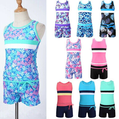 Girls Tankini Swimsuit Floral Printed Bathing Suits Sleeveless Tank with Trunks