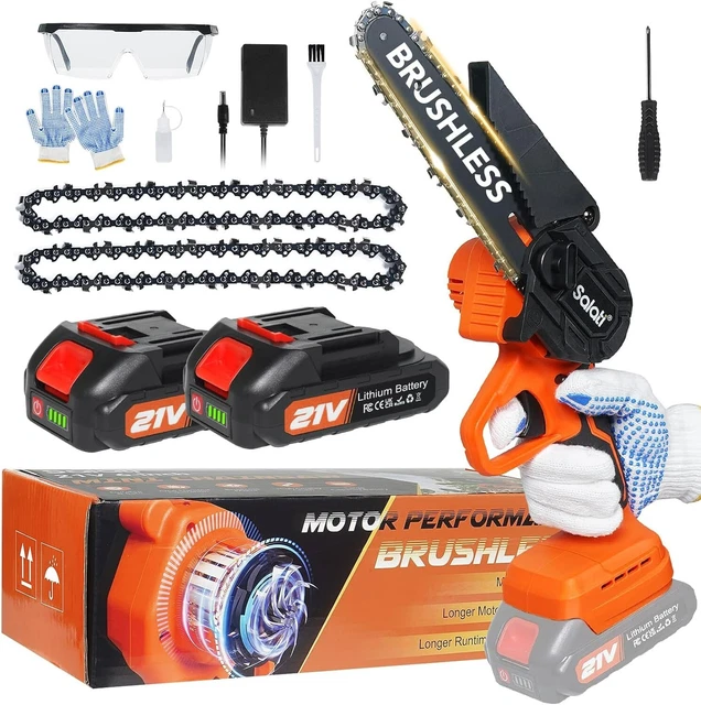 Mini Motosega a Batteria 6 Pollici, Bamse Motosega Elettrica Brushless con 2 Batteries 2.0Ah, 2 Catene, 10m/s Velocità della Catena Sega a Batteria per Rami d'albero, Cortile, Casa e Giardino