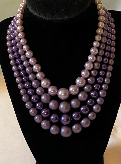 Charming Vintage 4 Strand Shades of Pearly Purple Plastic Bead Necklace 16"