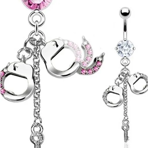 Gem Handcuffs Chain Key Cz Belly Navel Ring  Dangle Button Piercing Jewelry B390