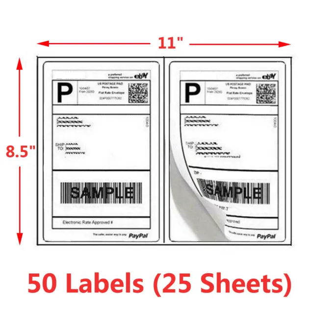 50 Shipping Labels 8.5" X 5.5" Rounded Corners Self Adhesive 2 Label Per Sheet