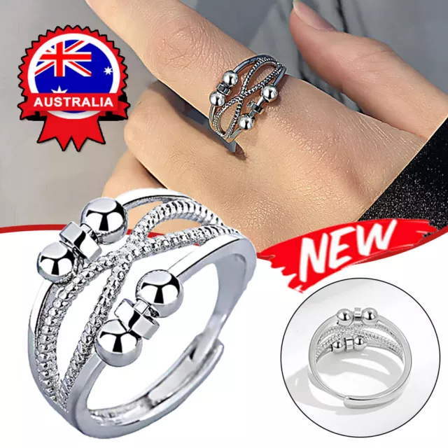 Adjustable Anxiety Ring Silver Relieve Fidget Spinner Worry Beads Meditation TM