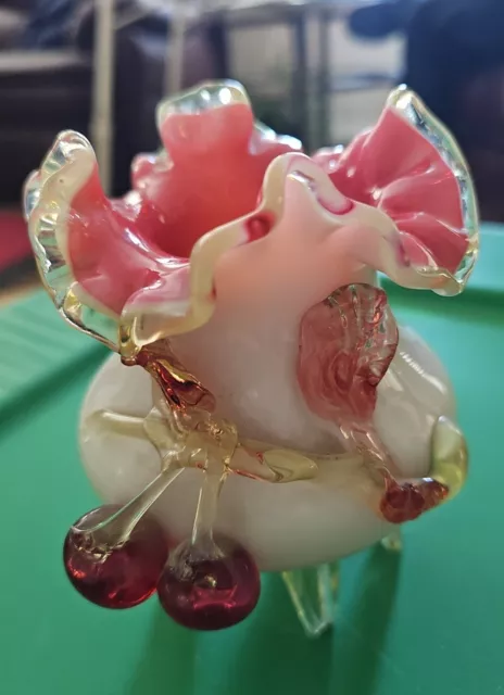 Antique Stevens & Williams Uranium Ruffled Vase Peach Blow Silver Crest Cherries