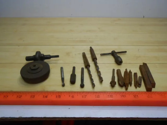 Machinist Tool Lot of 16: Grind, Debur, Drills, Countersink, Chuck, Tap Handle.