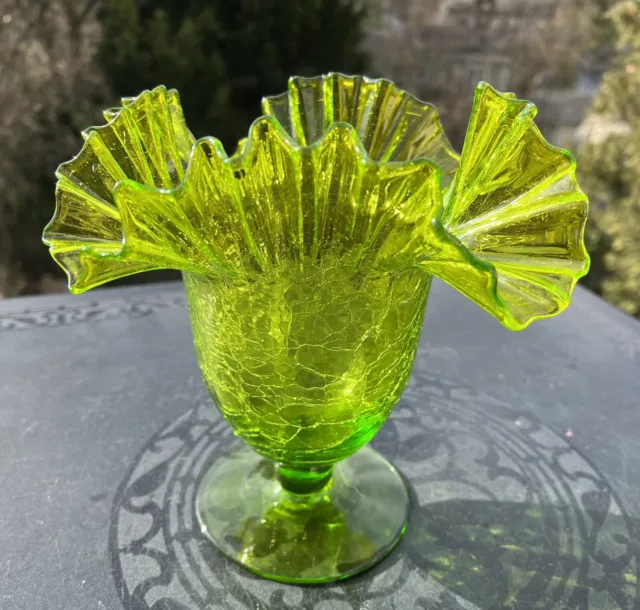 Wowza!  1960's Blenko Art Glass Olive Green Crackled Crested Vase