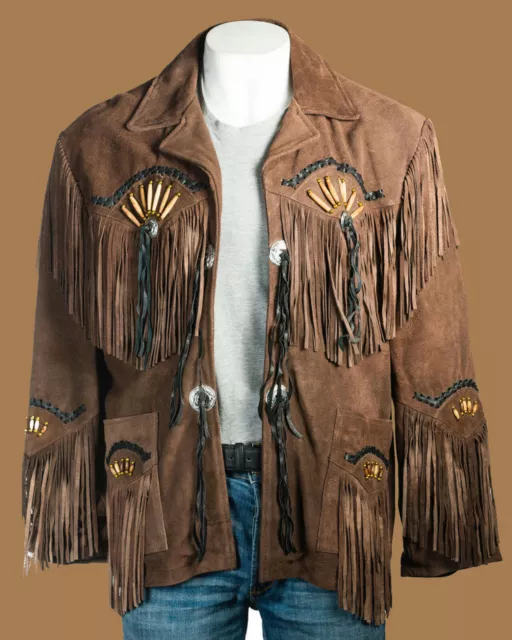 Leather Jacket Native Mens Western Wear American Indian Suede Fringes Beads Bone
