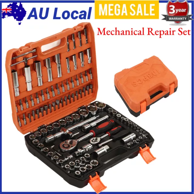 108PCS Tool Kit Socket Hand Set Ratchet Spanner 1/2"-1/4" Metric Wrench Driver