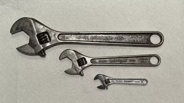 Vintage Crescent Tool Co Jamestown NY Steel Adjustable Wrenches - 4” 8” 12” USA