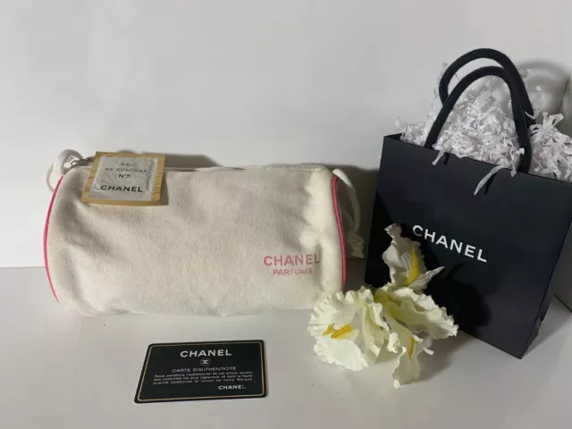 CHANEL vintage White Canvas cylinder makeup clutch handbag with No5 cologne A++