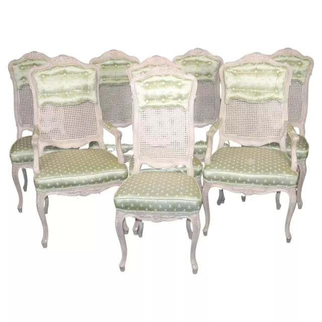 Set 8 Painted Green Upholstered Cane French Louis XV Tall Back Dining Chairs