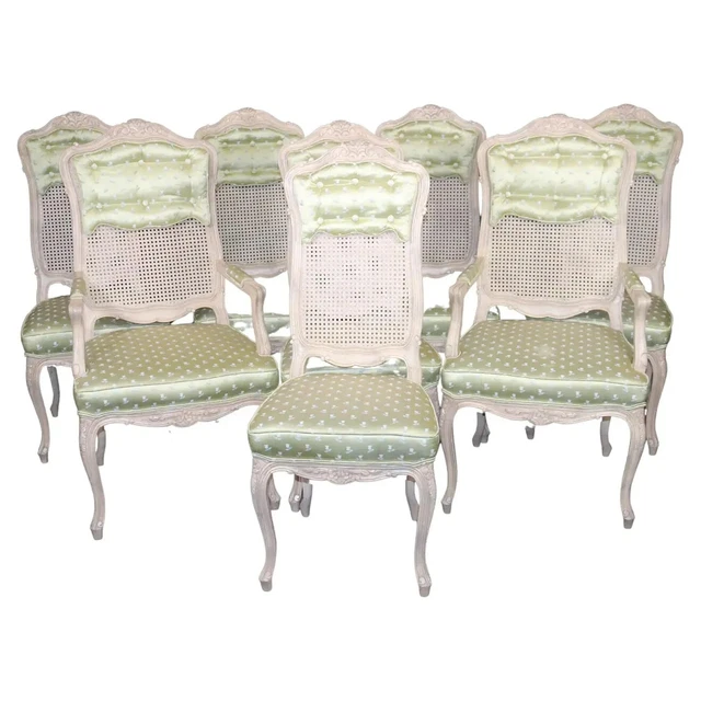 Set 8 Painted Green Upholstered Cane French Louis XV Tall Back Dining Chairs Set 8 Painted Green Upholstered Cane French Louis XV Tall Back Dining Chairs
