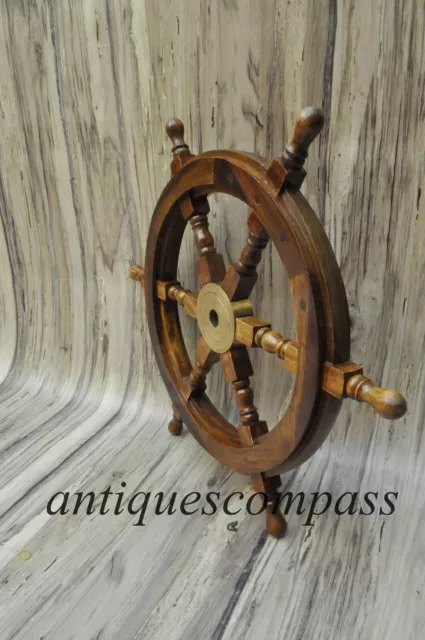 18"Vintage Boat Ship Collectible Antique Wheel Wooden Steering home Decorative 2