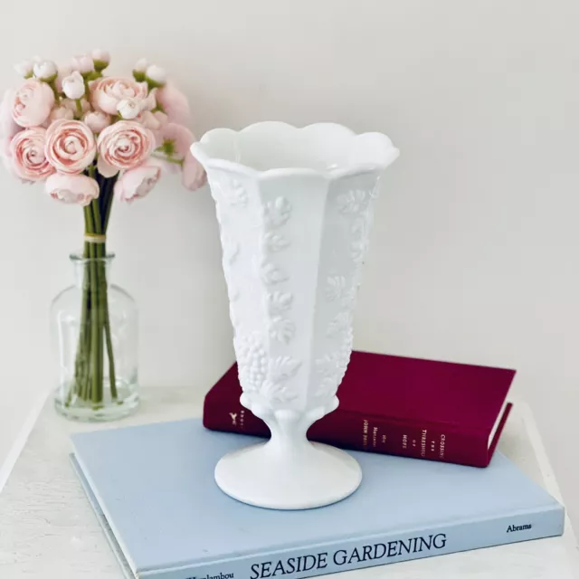 Westmoreland Milk Glass Paneled Grape  9" Belled Rim Style Footed Flower Vase