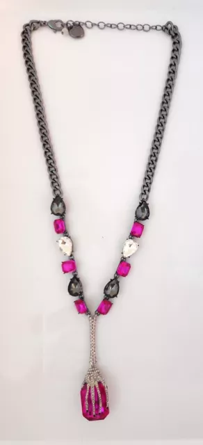 Betsey Johnson Rich Witch Hanging Skeleton Hand Crystals Pink Gem Drop Necklace