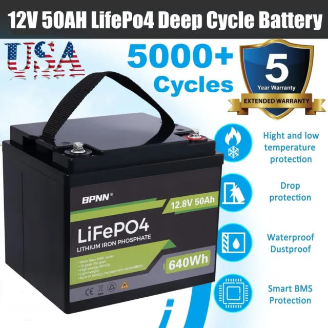 LiFePO4 Deep Cycle Lithium Battery for RV Marine Off-Grid Solar System 12V 50Ah