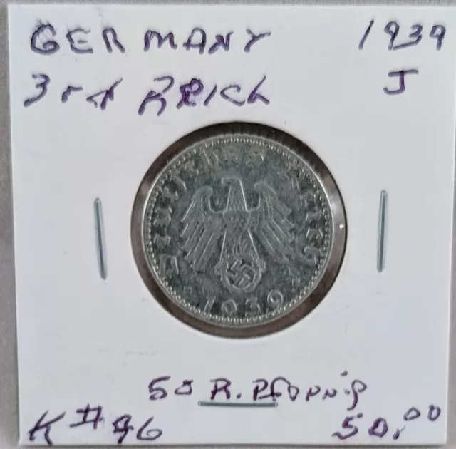 1939 J Germany Third Reich 50 Reichspfennig