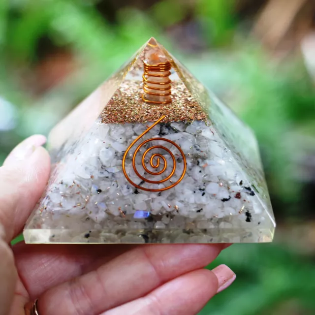 Rainbow Moonstone Orgone Pyramid 3 inch LG 75mm Orgone EMF & 5G Protection