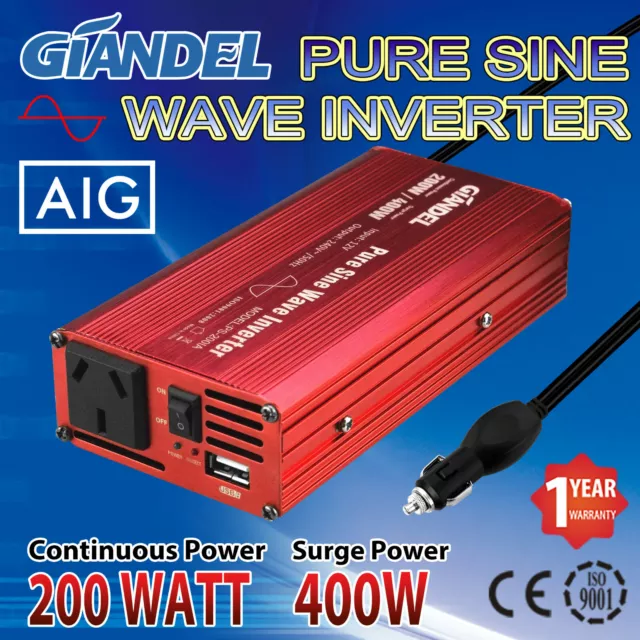 Giandel Pure Sine Wave Inverter 200W/400W 12V to 240V Car Cigarette Lighter +USB