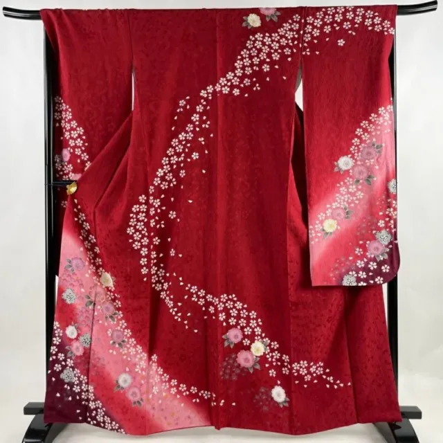 Woman Japanese Kimono Furisode Silk Cherry Blossom Gold Thread Foil Red