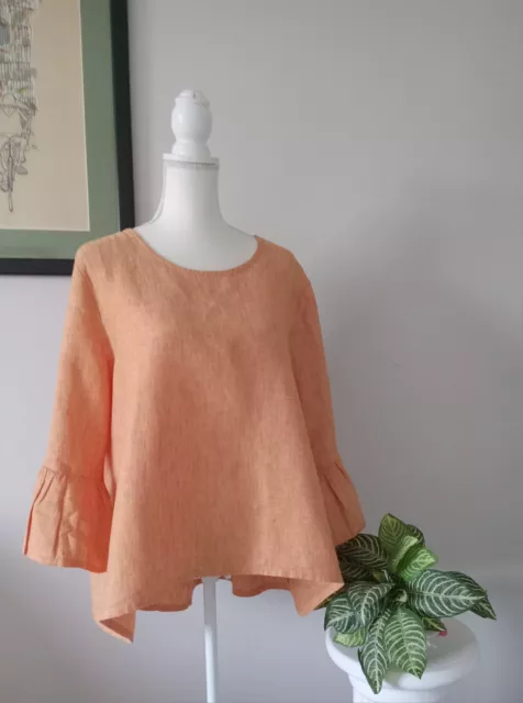 BRYN WALKER 100% Linen Orange High Low Fran Shirt top ruffle sleeves L