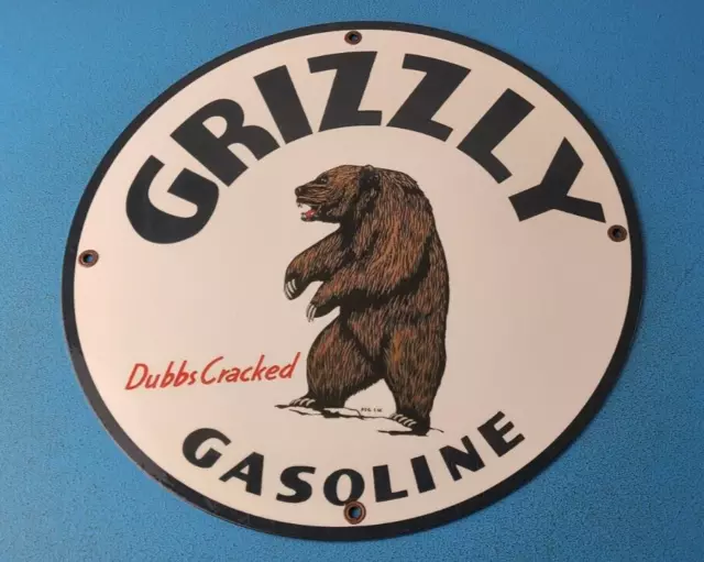 Vintage Grizzly Gasoline Porcelain Service Station Gas Pump Plate Sign