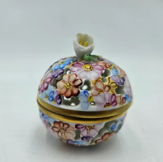 Herend Floral Reticulated Openwork Ball Box 2" Tall Small Trinket Dish