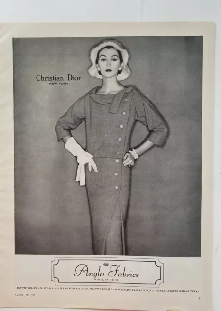 1957 women's Christian Dior dress Anglo Fabrics Premier vintage fashion ad