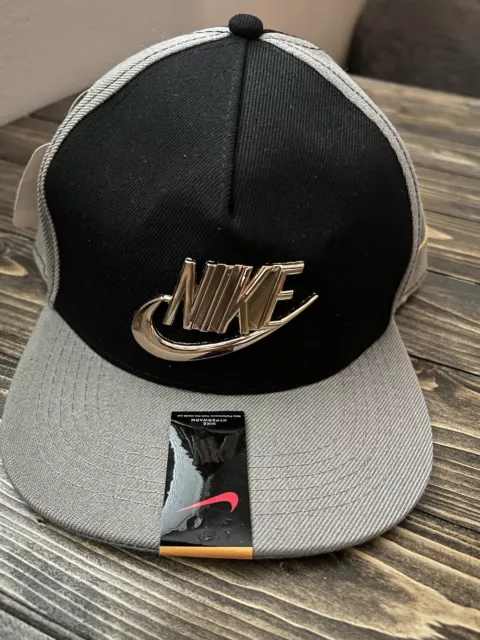 NEW 2018 Nike Hat Cap Black Gray With Gold 3D Metal Spell Out Logo Style