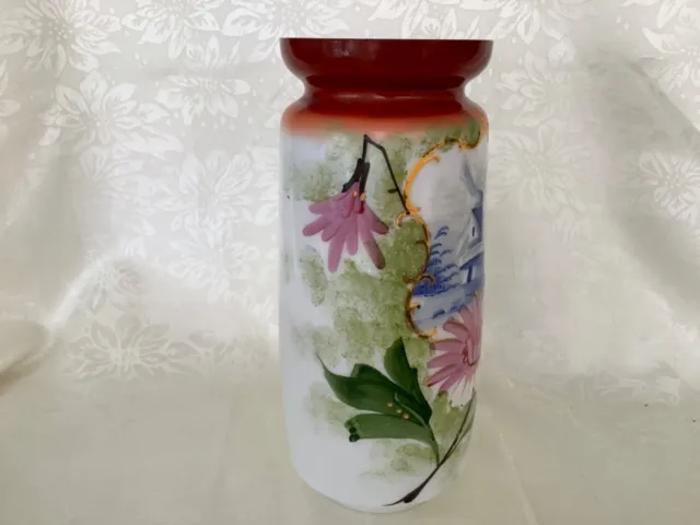 Vintage Victorian Brightly Hand Painted Opaline Milk Glass Mantle Vase 3