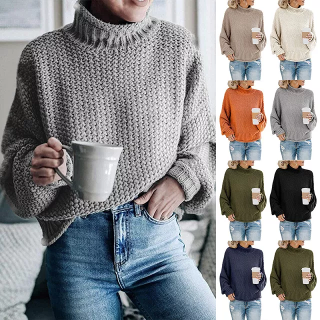 Womens Turtleneck Jumpers Sweater Pullover Tops Knitted Loose Long Sleeve #AU