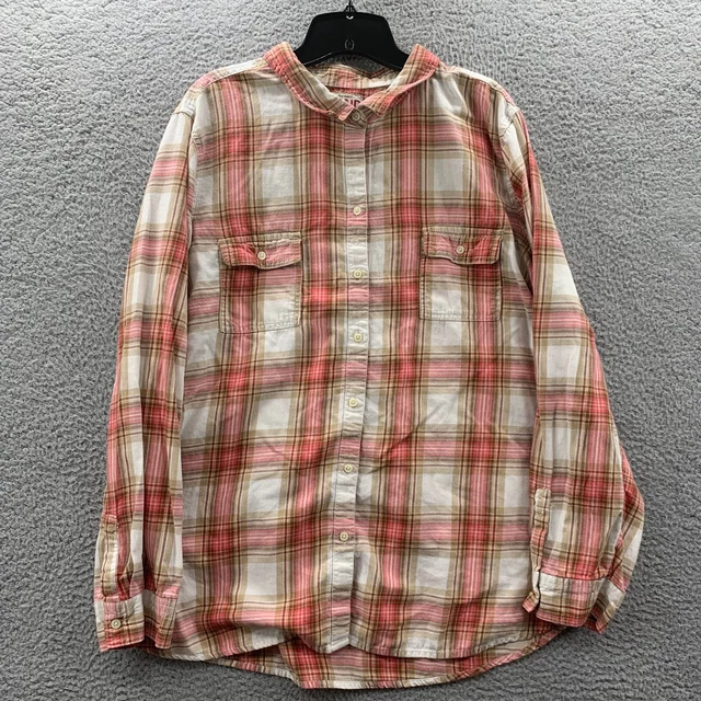 OLD NAVY Shirt Womens XXL Plaid Button Up Blouse Top White Pink Brown