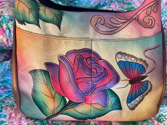 Anuschka Hand Painted Butterfly Rose Leather Hobo Handbag