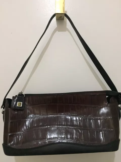 Brighton Brown Croc Black Leather Trim &Strap Silver Purse HandBag Shoulder Bag