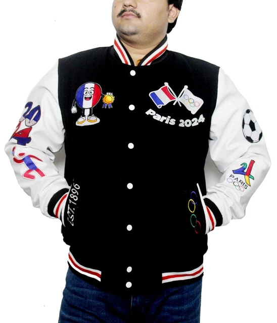 VESTE UNIVERSITAIRE PERSONNALISÉE Paris 2024 Jeux Olympiques France laine noire pour unisexe EUR