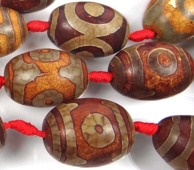 4 Tibetan Agate Dzi Style Heaven Eye Barrel Pendant Focal Beads 25mm - 29mm