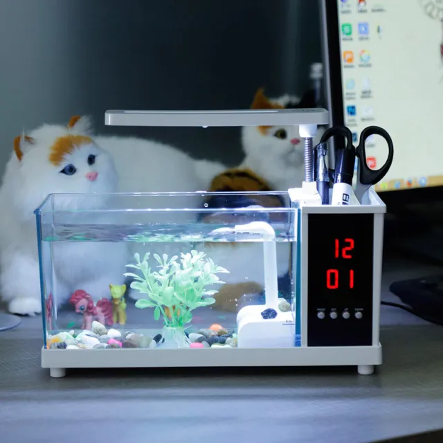 New Multifunctional USB Mini Fish Tank Aquarium With Clock Function LED Light