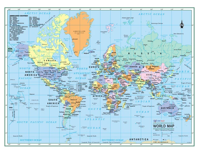 WORLD Wall Map Political Poster 22"x17" - LARGE PRINT Rolled Paper