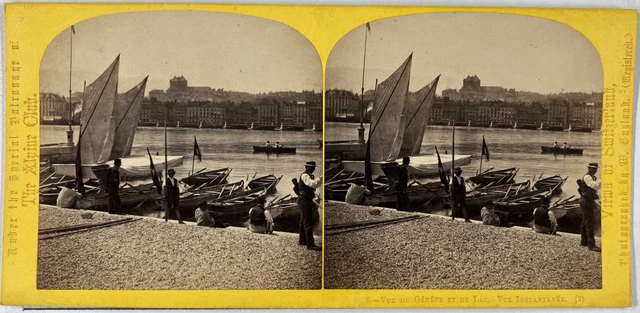 W.England, Stéréo, Suisse, vue de Genève et du lac Vintage stereo card  Tirage