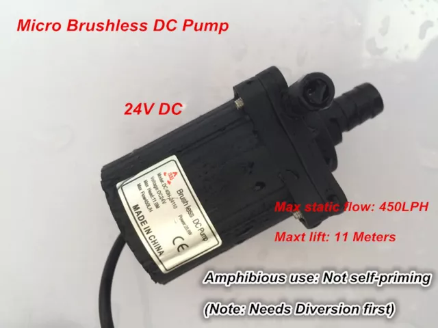 24V Brushless DC Mini Water Pump, Submersible 11M, 450LPH with DC Plug Low Noise