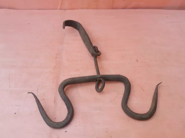 ANTIQUE VERY RARE OLD HAND FORGED WROUGHT IRON HOOK HANGER 19th