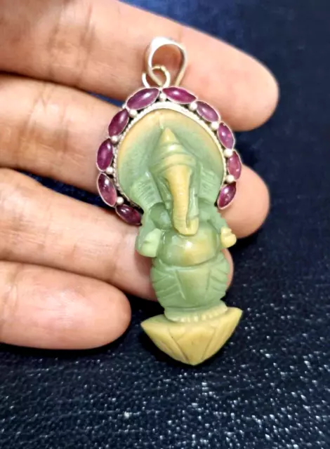 Gorgeous carved Old Burmese jade Lord Ganesh Sterling Silver Pink Ruby Pendant