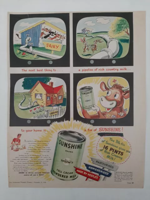 Vintage Australian advertising 1956 ad SUNSHINE POWDERED MILK cartoon cow tin