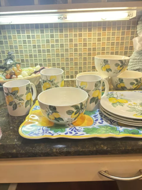 Set of four bowls, mugs, bread plates, & Platter With Spring Lemon graphics