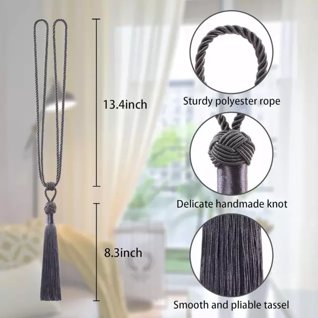 2 Pack Long Tassel Curtain Tiebacks Handmade Braided Rope Knot Drape Tie Backs E 2