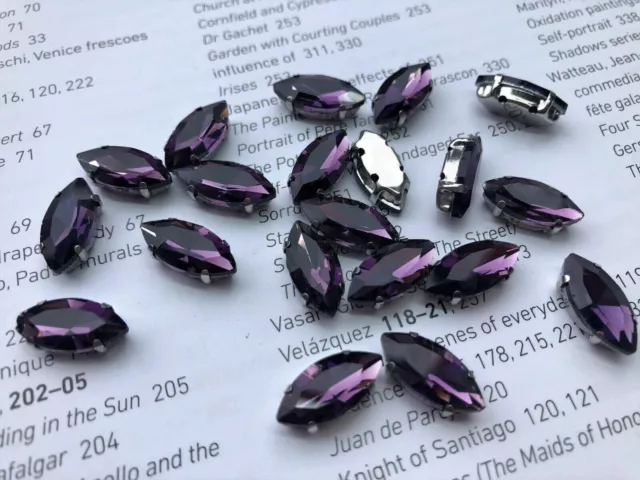 20 x Purple mounted Sew On Cut Glass Crystals Rhinestones Diamante 7x15mm