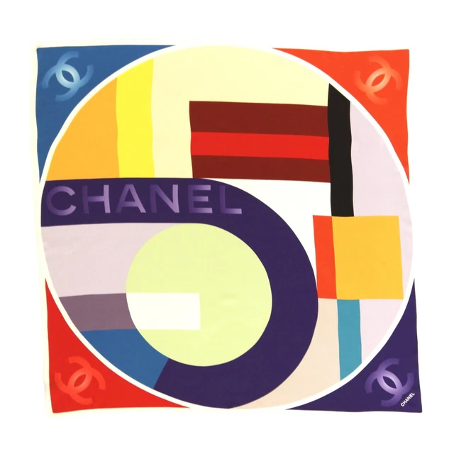 Authentic Chanel Silk Geometric Multi Color Design Square Scarf