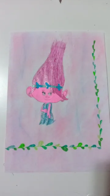 disegno troll poppy, realizzato su foglio A4, matita e penne glitterate