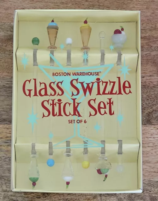 Boston Warehouse Glass Swizzle Stick Set of 6 Ice Cream Vintage Style Bar Ware